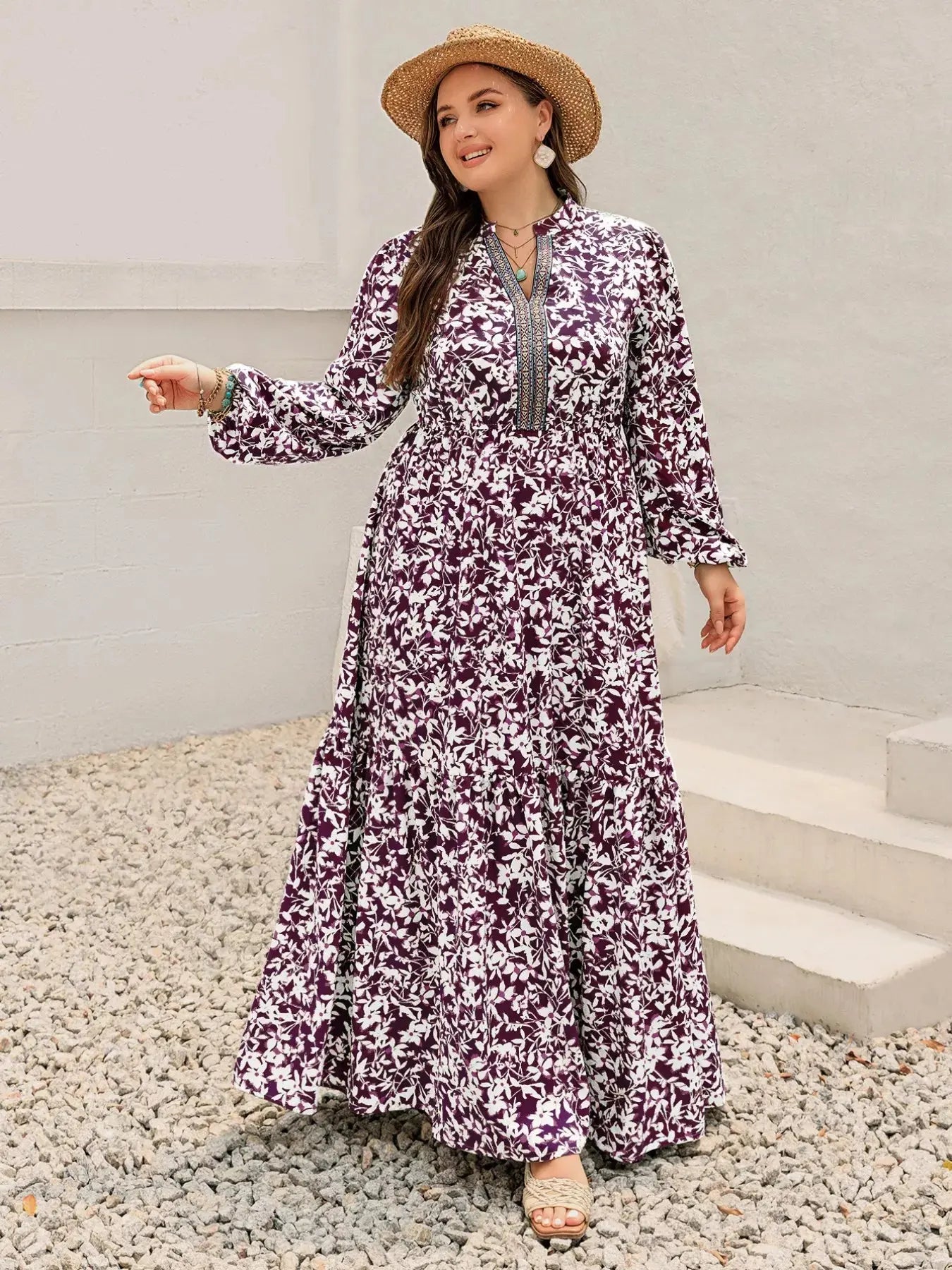 Plus Size Floral Print Maxi Dress with Long Sleeves Simply Love