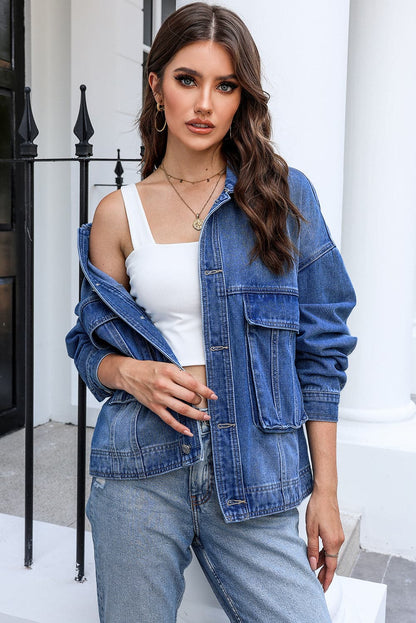 Button Up Dropped Shoulder Denim Jacket with Pockets.