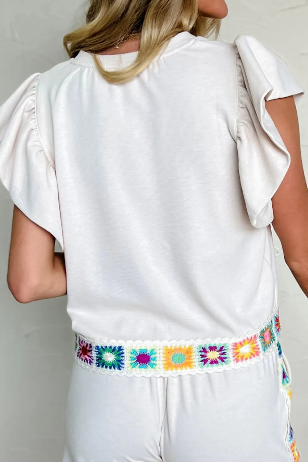 Floral Crochet Patched Ruffled Sleeve Crewneck Blouse