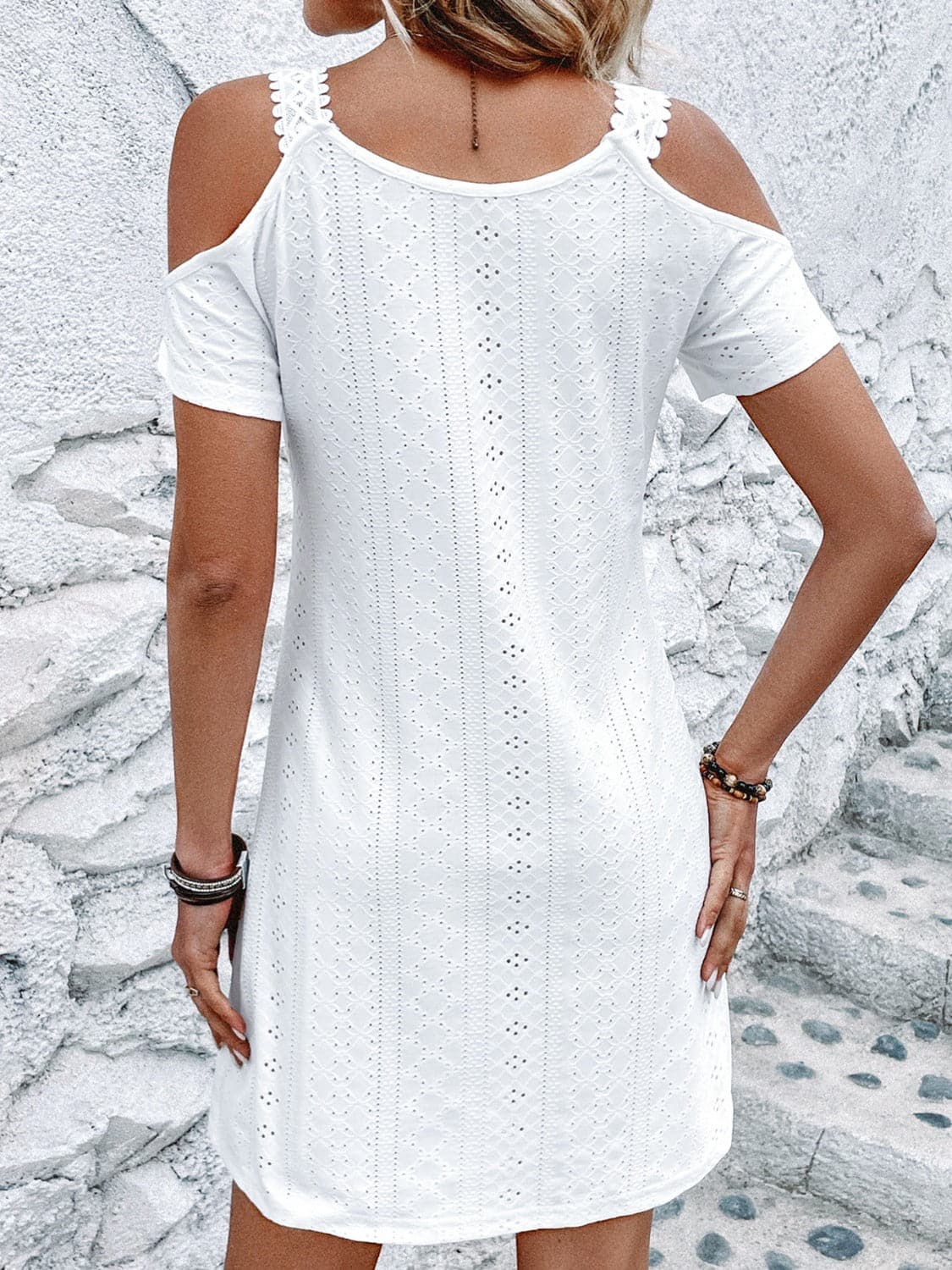 Eyelet V-Neck Cold Shoulder Mini Dress.