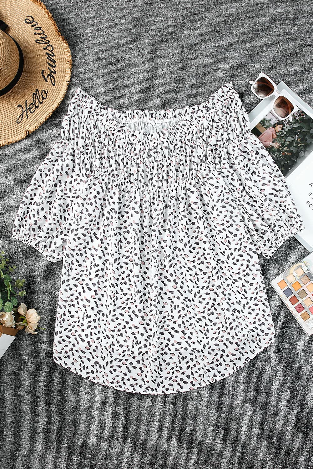 Plus Size Printed Off-Shoulder Half Sleeve Blouse.