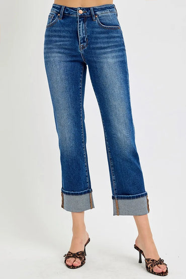 Risen Full Size High Rise Ankle Straight Cuffed Jeans Plus Size - Love Salve 