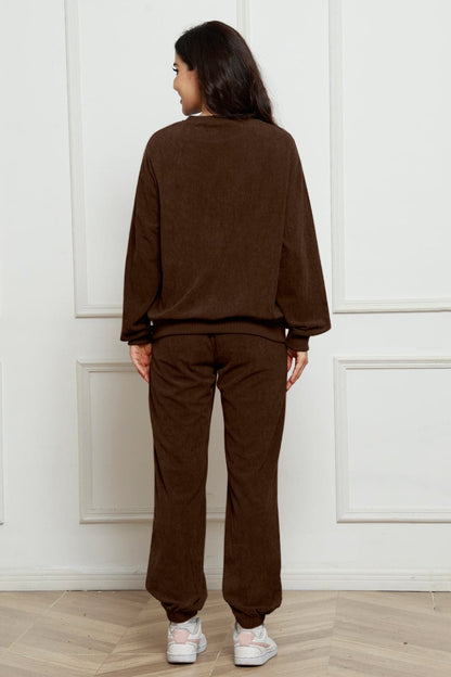 Corduroy Round Neck Sweatshirt and Sweatpants Set.