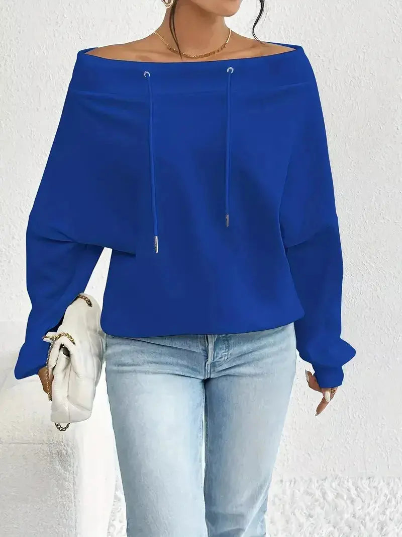 Off-Shoulder Drawstring Sweatshirt Simply Love
