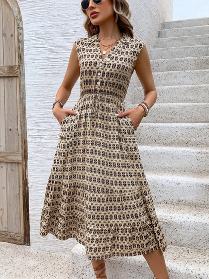 Printed Johnny Collar Midi Dress.