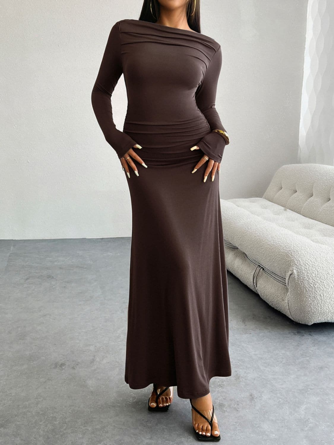 Ruched Long Sleeve Maxi Dress.