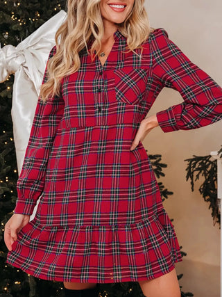 Plaid Shirt Collar Half Button Ruffle Hem Long Sleeve Mini Dress Simply Love