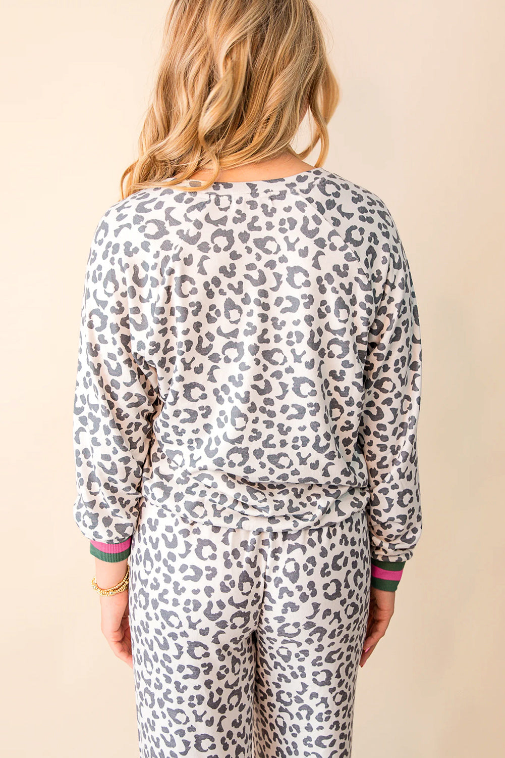 Gray Leopard Print V Neck Long Sleeve Top Patchwork Drawstring Pant Set Dear-Lover Dropshipping