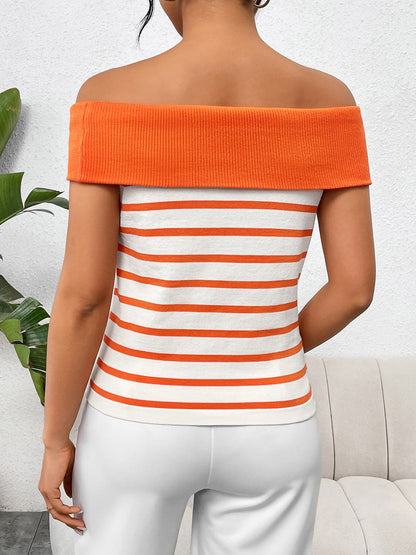 Decorative Button Striped Off-Shoulder Knit Top.