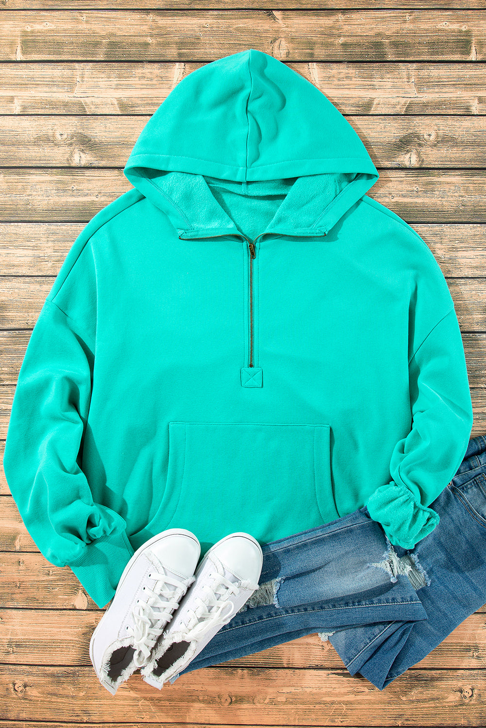 Cozy Aruba blue fleece hoodie with kangaroo pockets and half zipper design