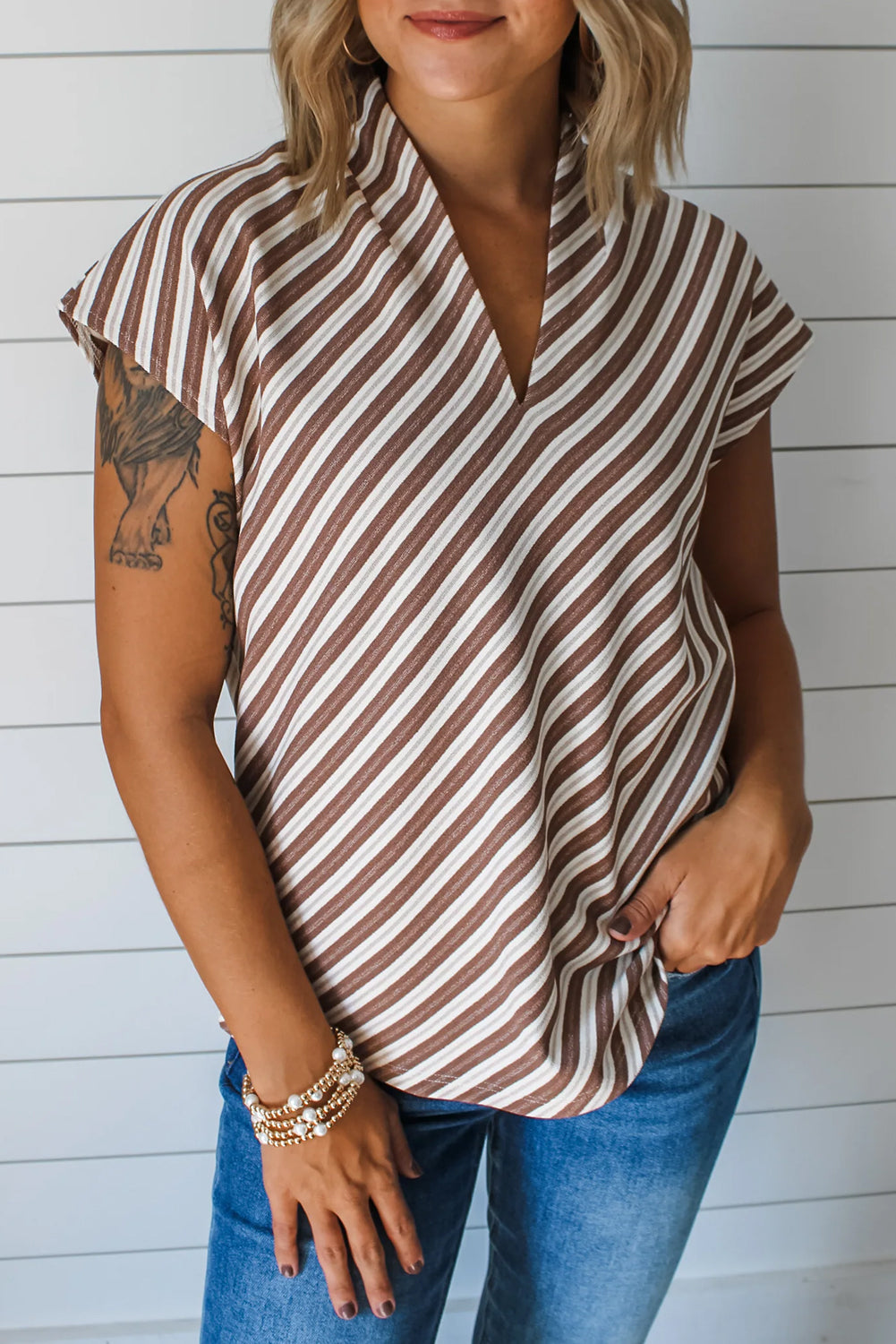 Chestnut Striped Stand V Neck Short Sleeve Blouse for Women