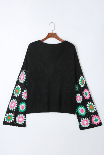 Crochet Round Neck Long Sleeve Knit Top.