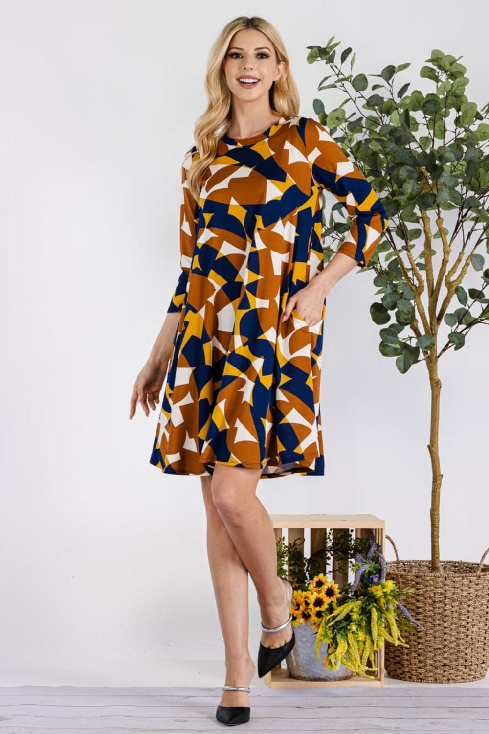 Celeste Full Size Geometric Round Neck Dress with Pockets.