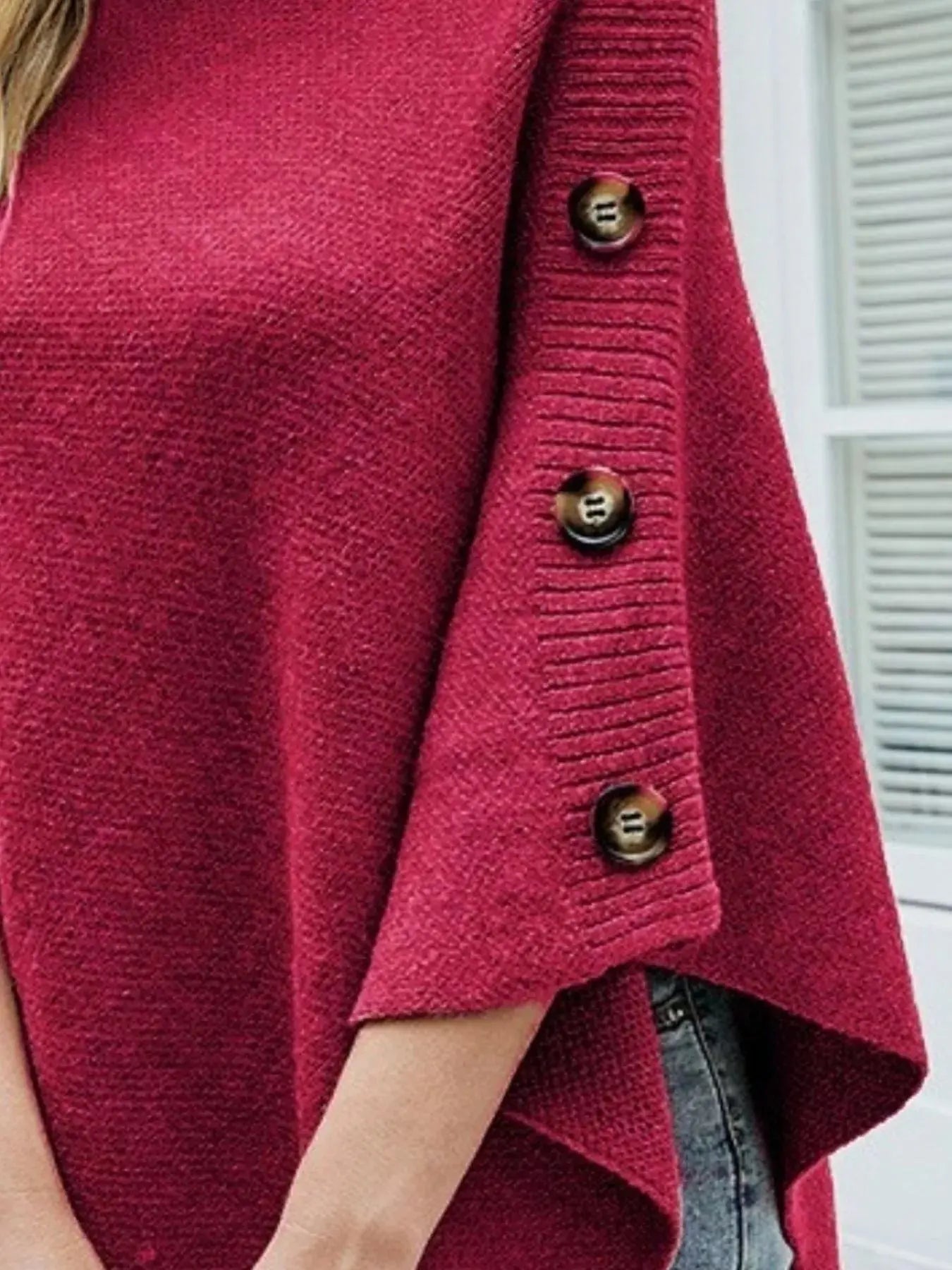 Button-Decor Turtleneck Poncho Pullover Simply Love