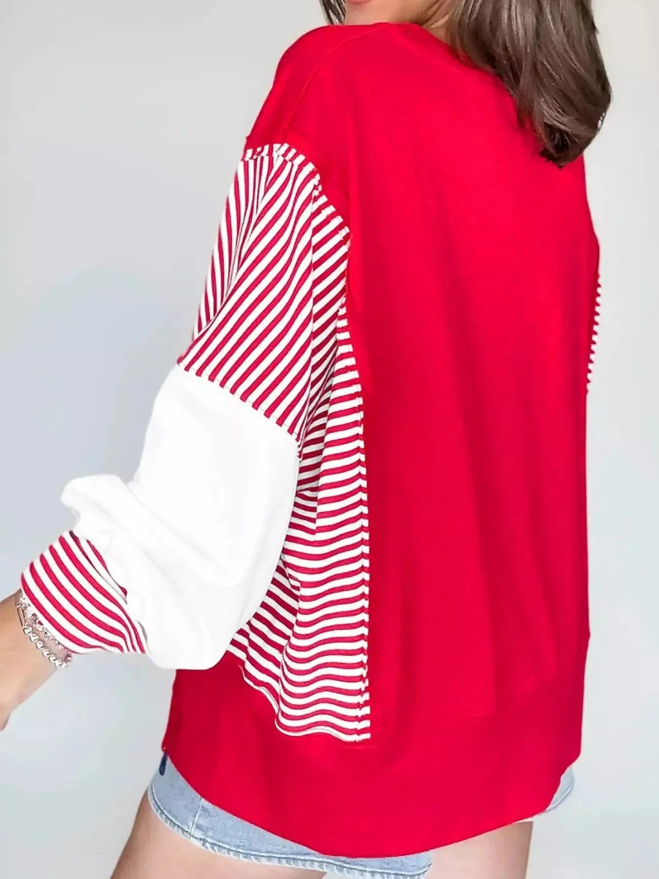 Striped Patchwork Sleeve Colorblock Sweatshirt Simply Love