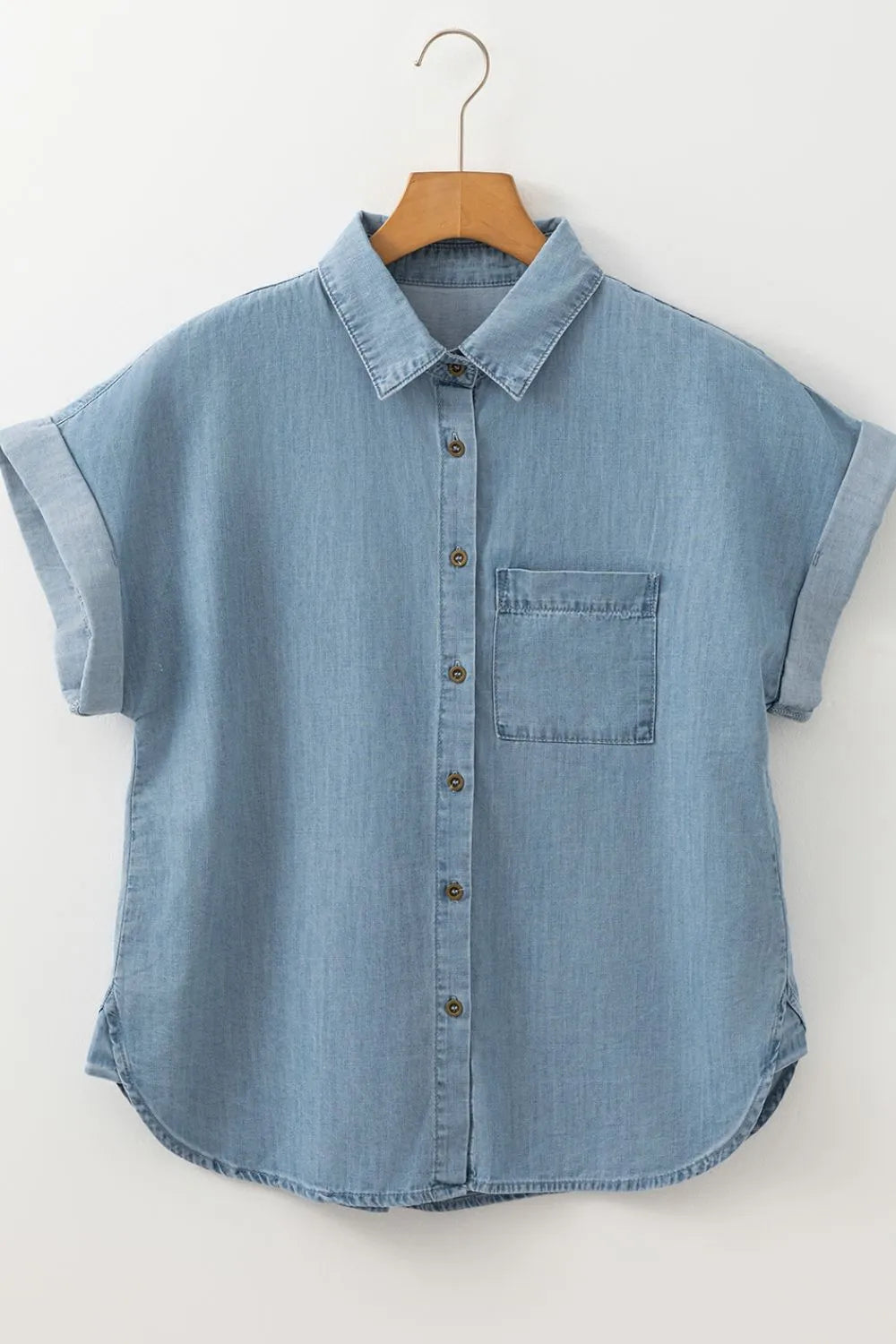 Folded Short Sleeve Patched Pocket Denim Shirt