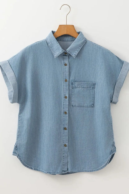 Folded Short Sleeve Patched Pocket Denim Shirt