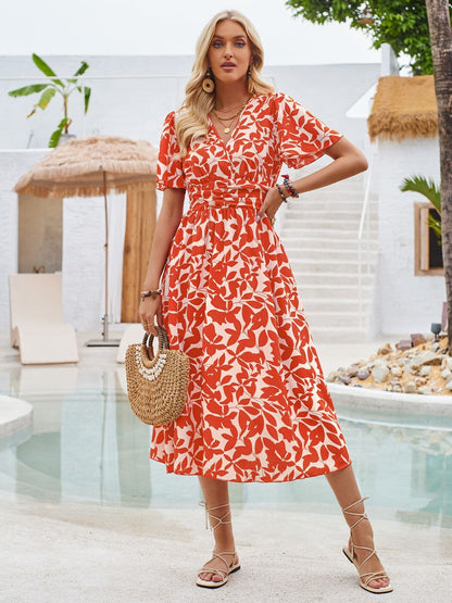 Printed Surplice Short Sleeve Midi Dress.