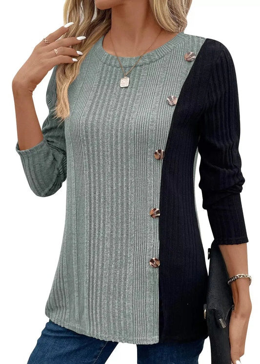Color Block Ribbed Knit Top With Decorative Buttons Slit Detail Simply Love