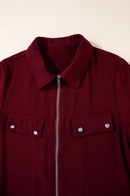 Red Dahlia Collar Tab Sleeve Zip Up Flap Detail Jacket