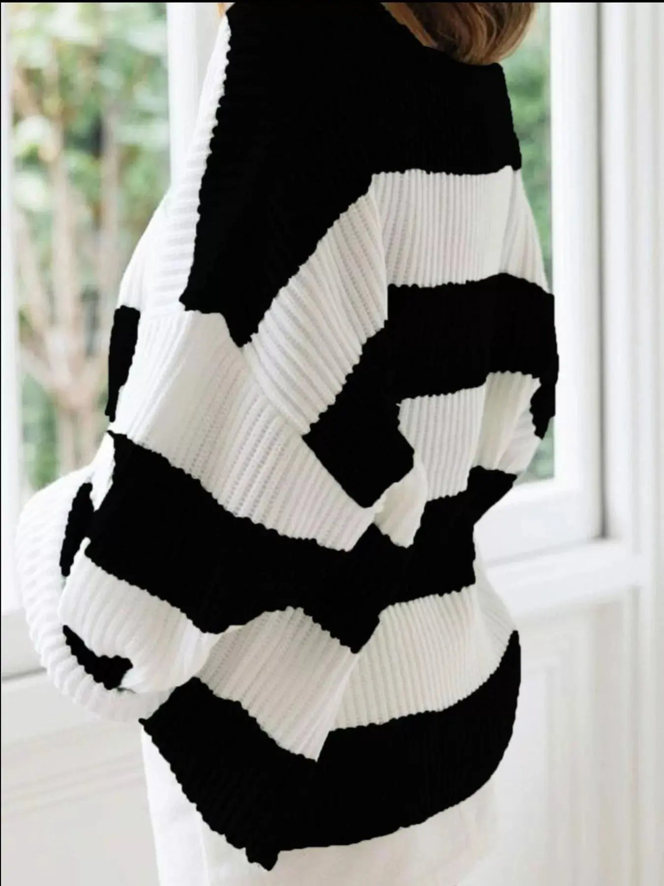 Full Size Contrast Striped Round Neck Sweater Plus Size Simply Love