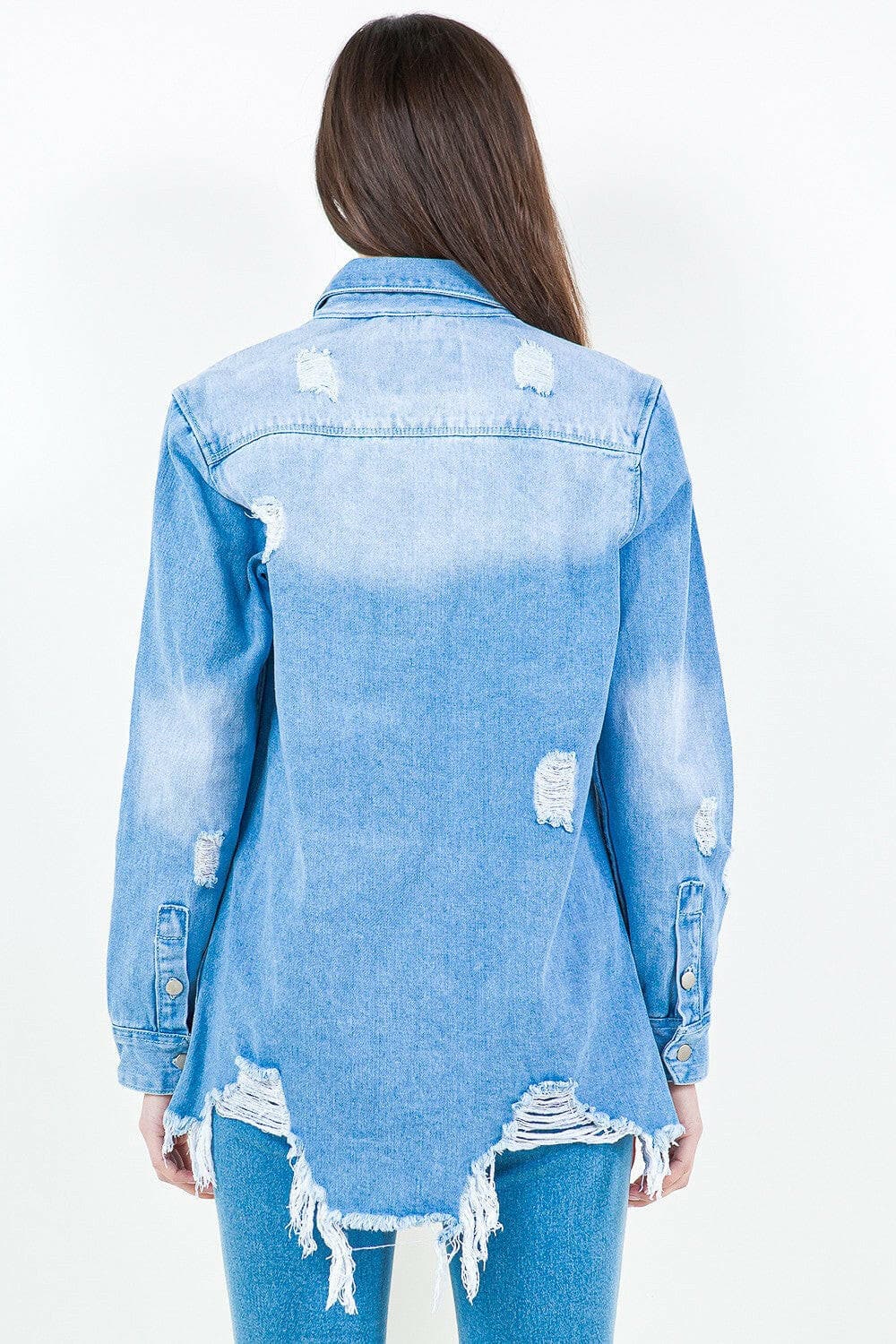 American Bazi Frayed Hem Distressed Denim Shirt Jacket.