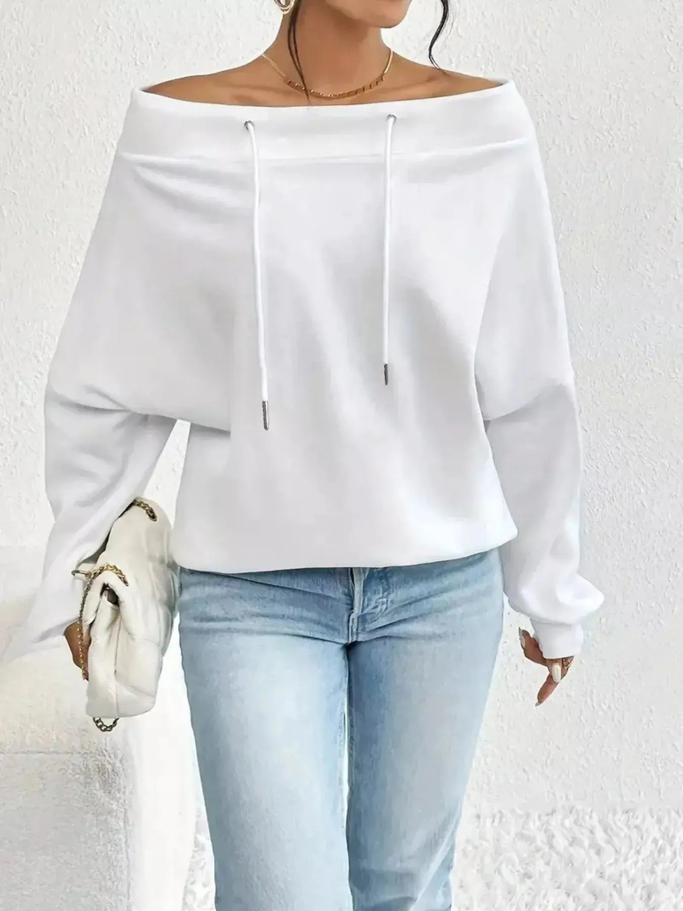 Off-Shoulder Drawstring Sweatshirt Simply Love