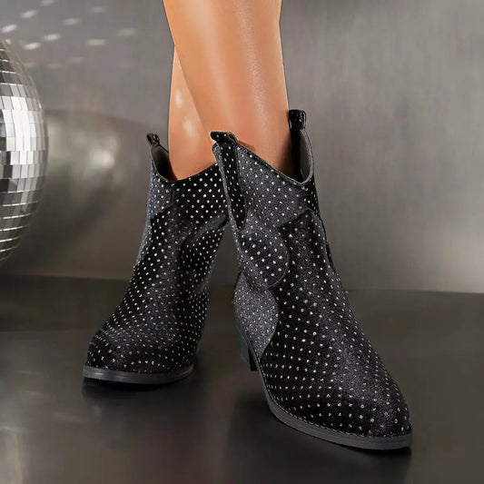 Sparkling Point Toe Block Heels Boots Simply Love