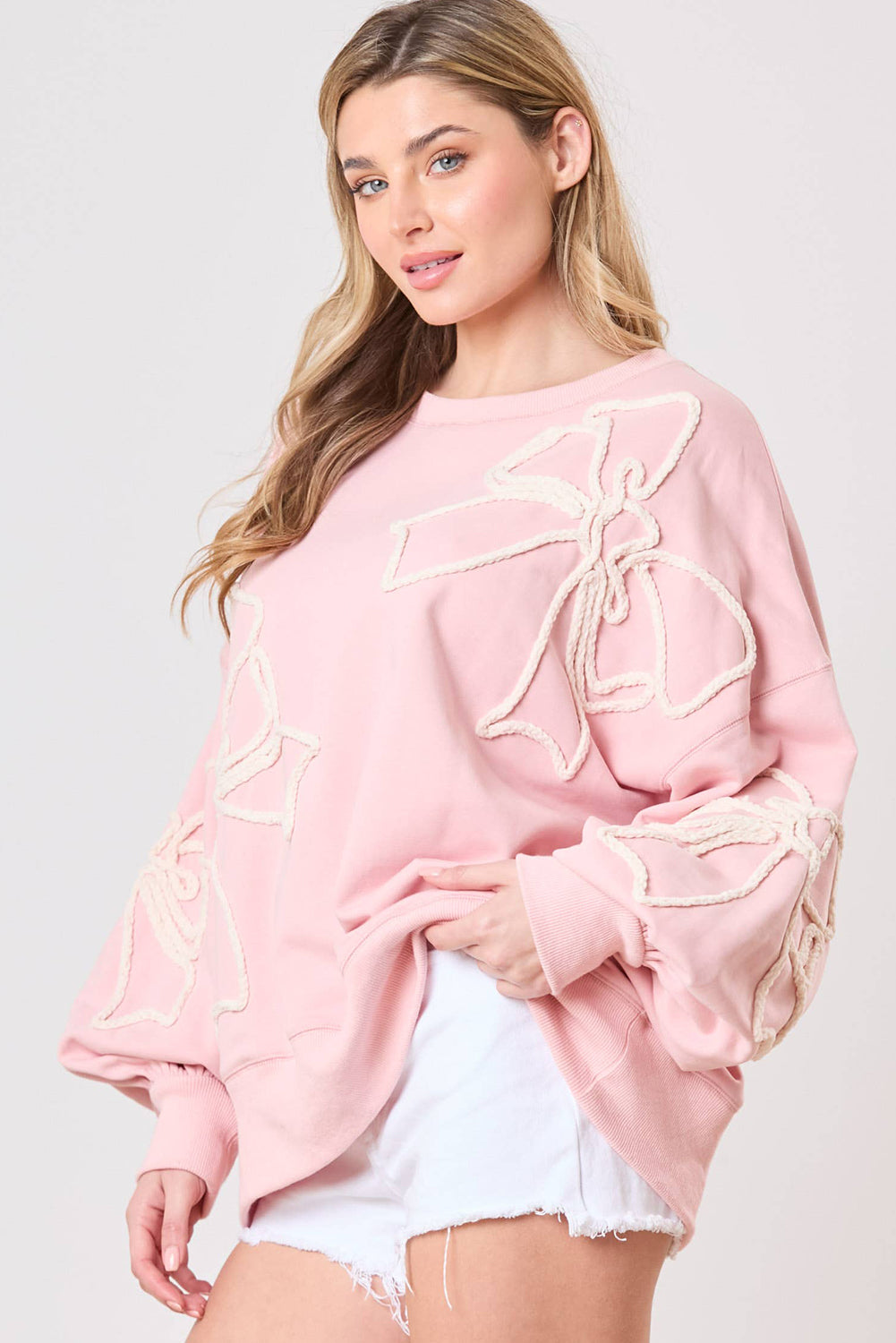 Light Pink Bow Thread Embroidery Ribbed Edge Sweatshirt