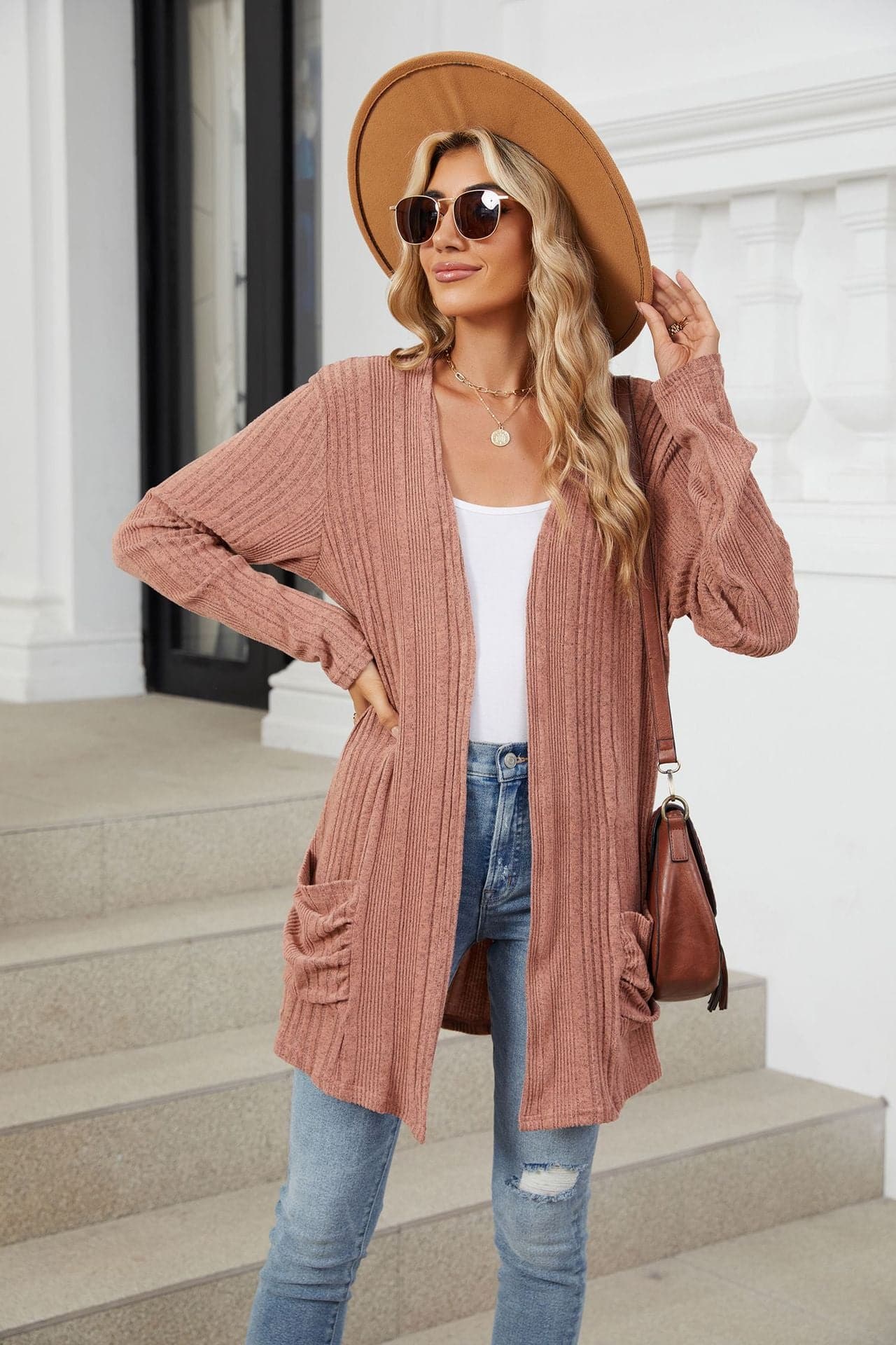 Pocketed Open Front Long Sleeve Cardigan.