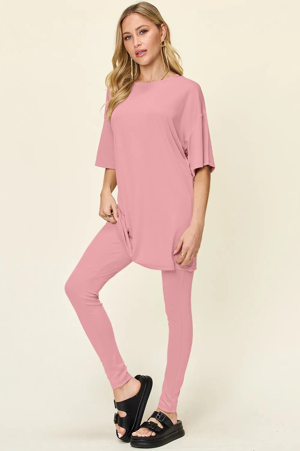 Double Take Full Size Round Neck Dropped Shoulder T-Shirt and Leggings Set - Love Salve