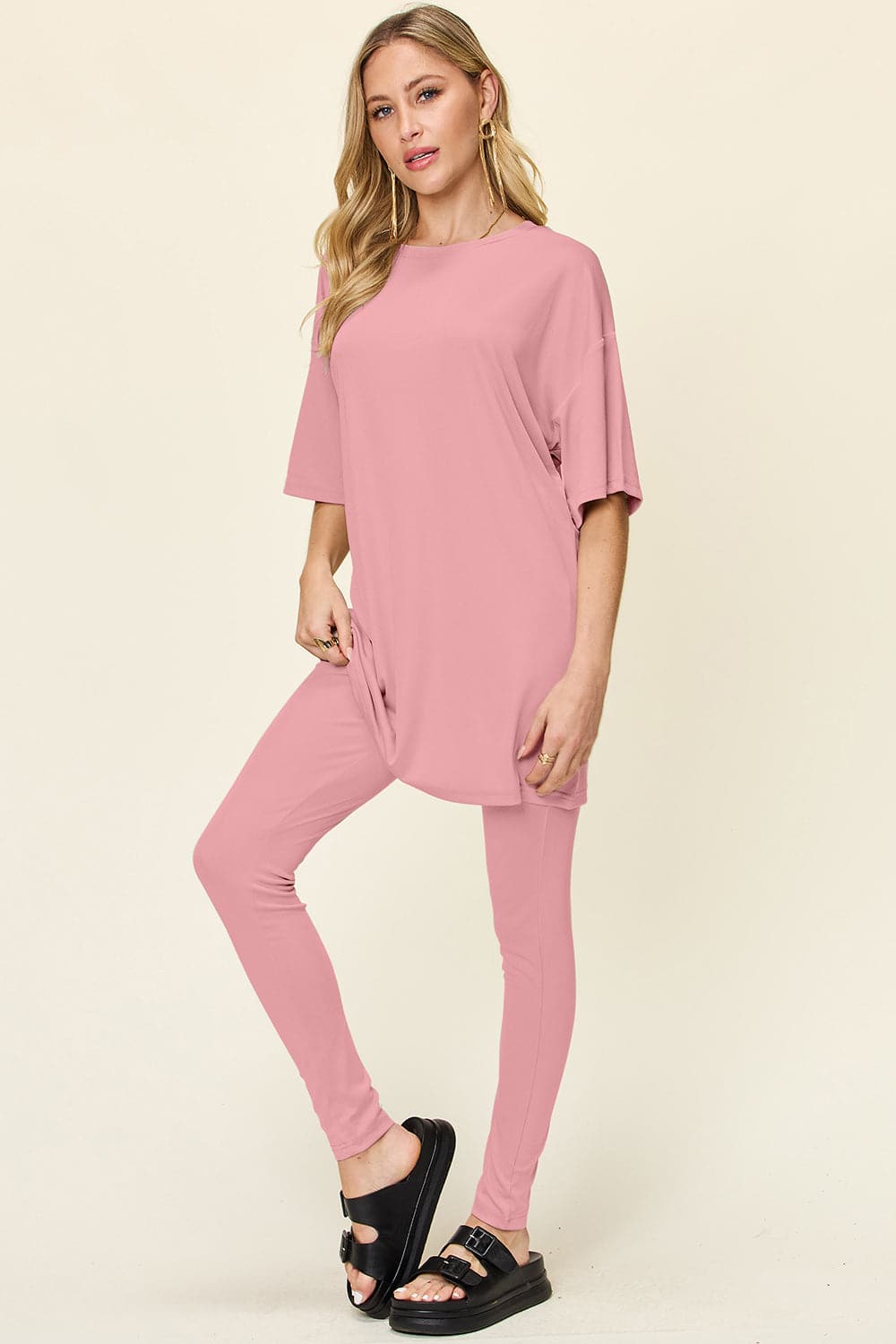 Double Take Full Size Round Neck Dropped Shoulder T-Shirt and Leggings Set.