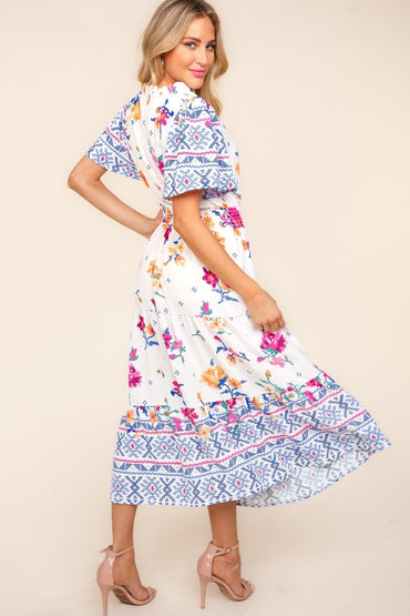 Haptics Printed Notched Short Sleeve Tiered Dress.