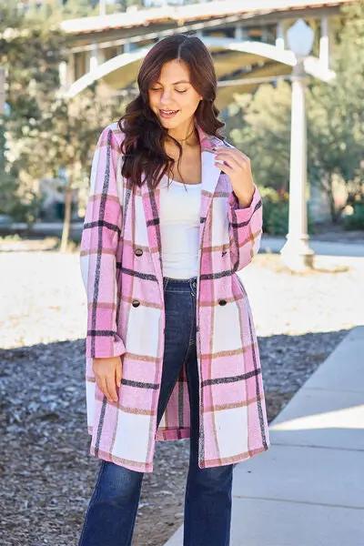 Double Take Full Size Plaid Button Up Lapel Collar Coat - Love Salve