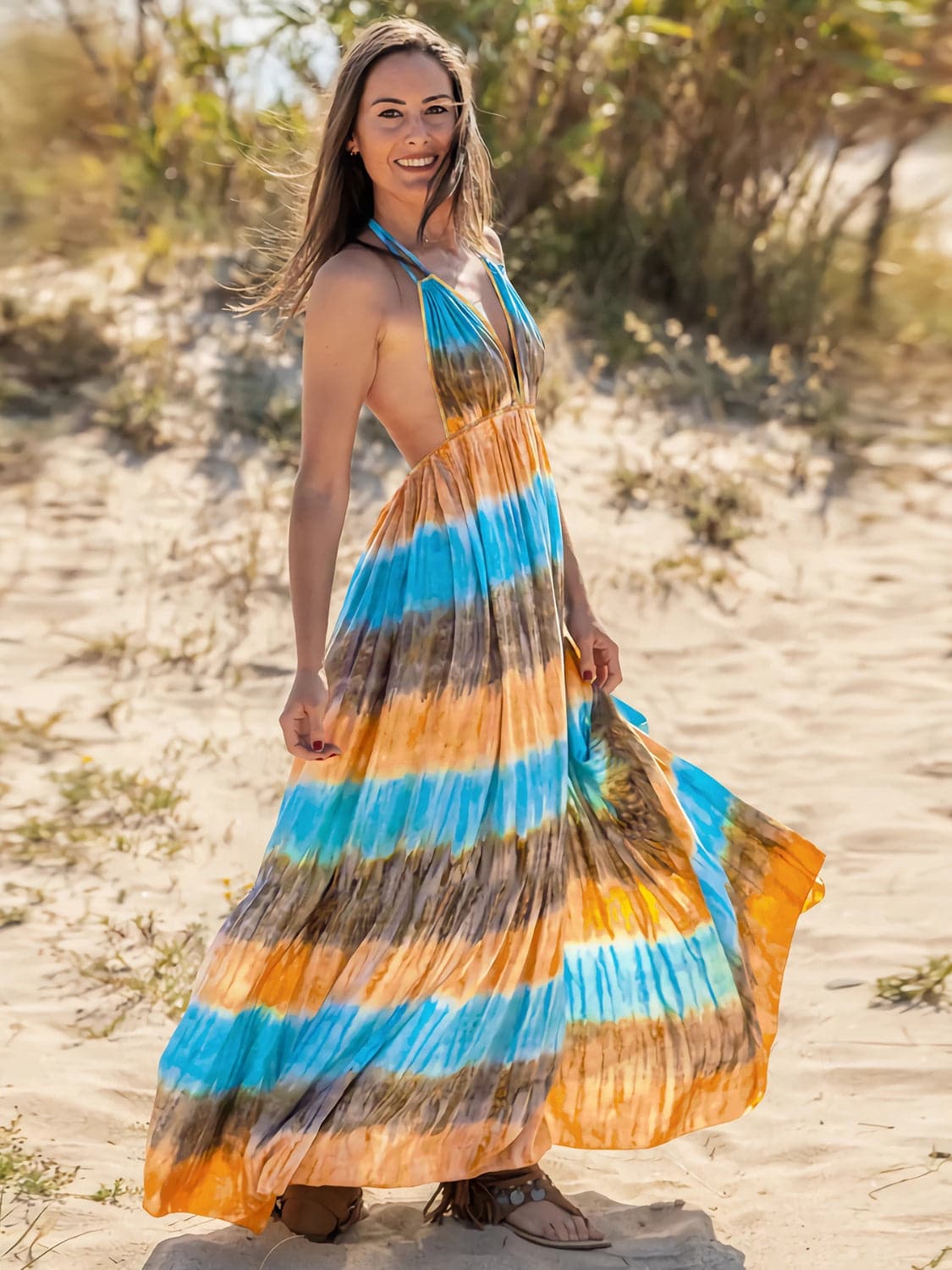 Tie-Dye Halter Neck Sleeveless Dress.