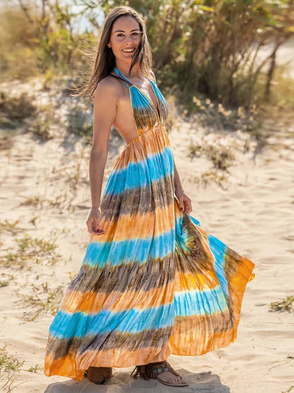 Tie-Dye Halter Neck Sleeveless Dress.