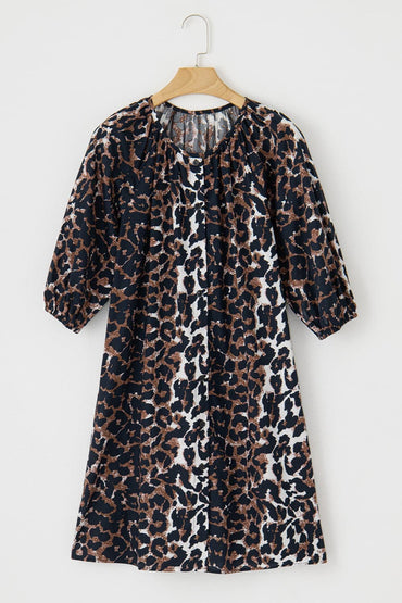 Leopard Button Up Half Sleeve Mini Dress.