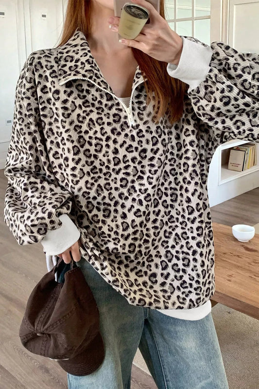 Leopard Print Quarter-Zip Sweatshirt Simply Love