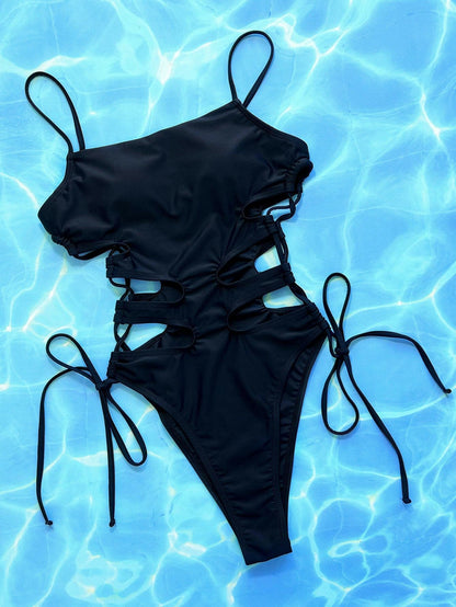 Cutout Lace-Up Spaghetti Strap One-Piece Swimsuit.