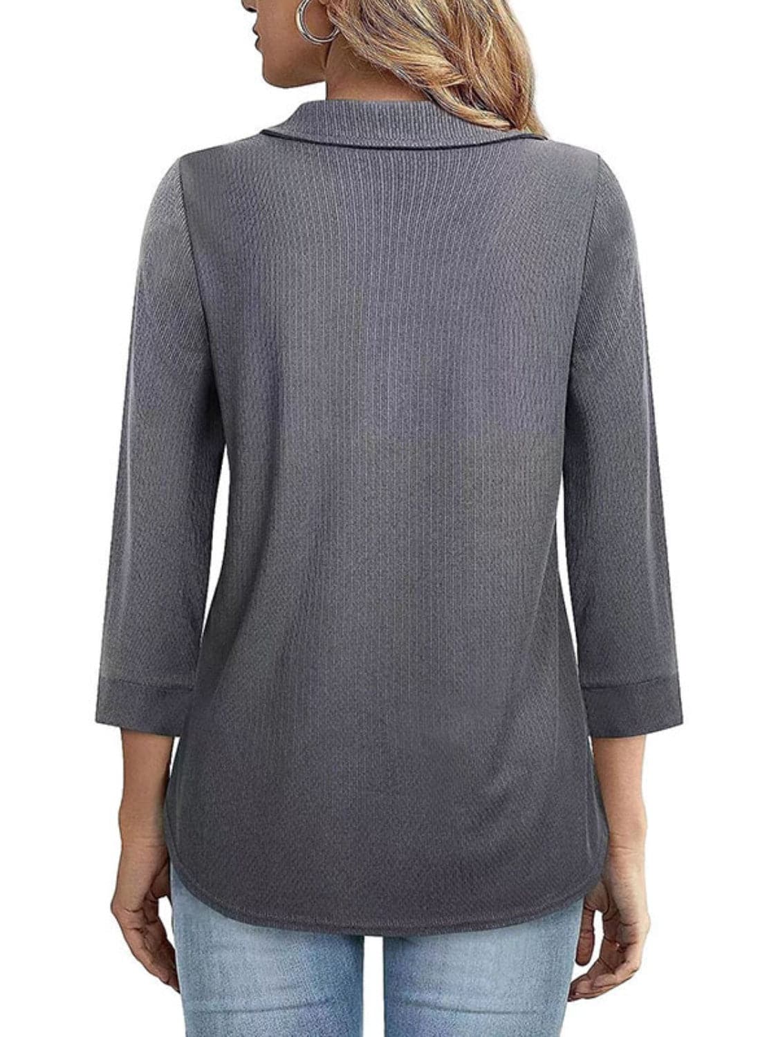 Half Zip Collared Neck Three-Quarter Sleeve T-Shirt.