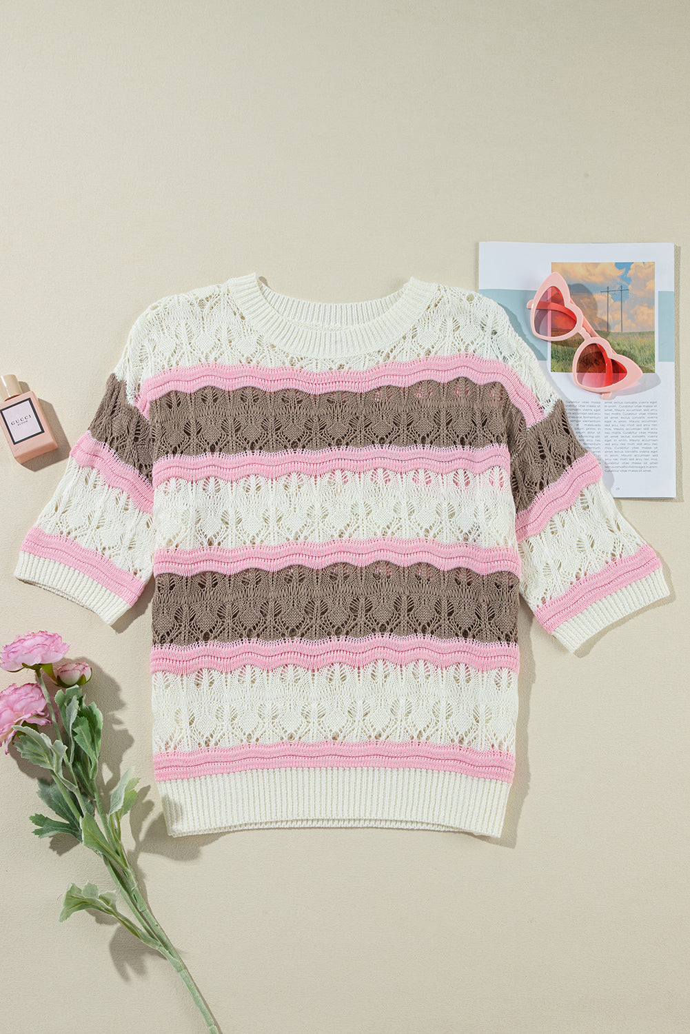 Elegant brown striped crochet color block half sleeve sweater