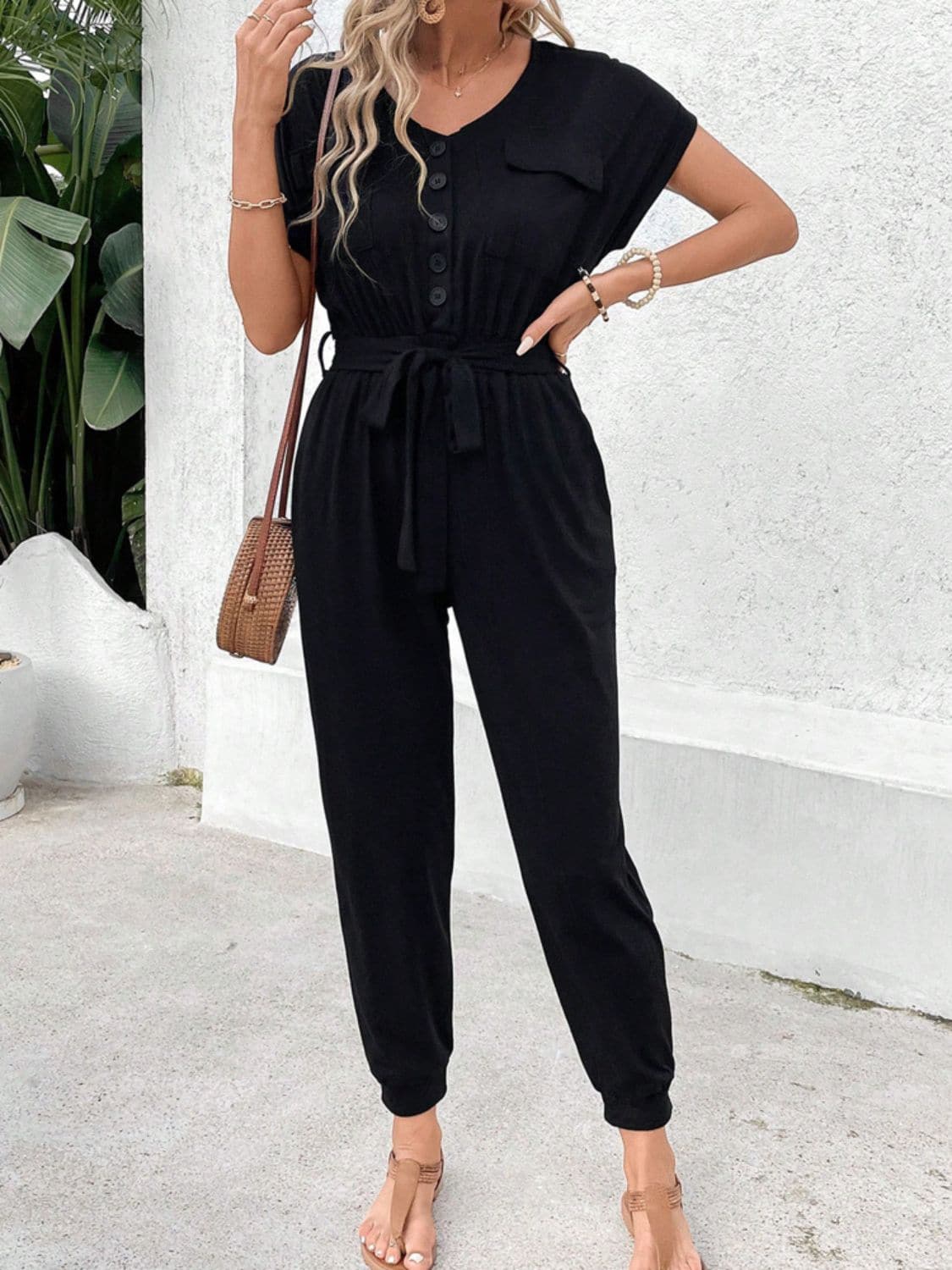 V-Neck Short Sleeve Jumpsuit.