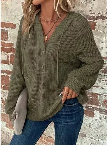 Waffle Knit Button Detail Hoodie Simply Love