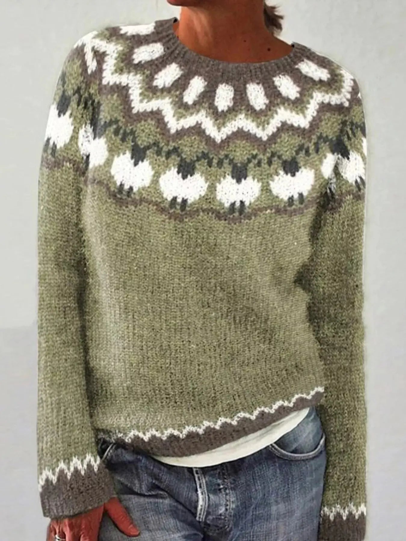 Full Size Vintage Patterned Round Neck Sweater Plus Size Simply Love