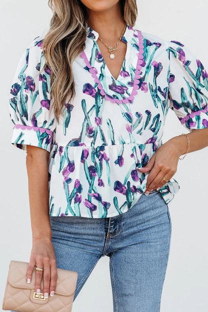 Floral Ricrac Trim Half Sleeve Peplum Top