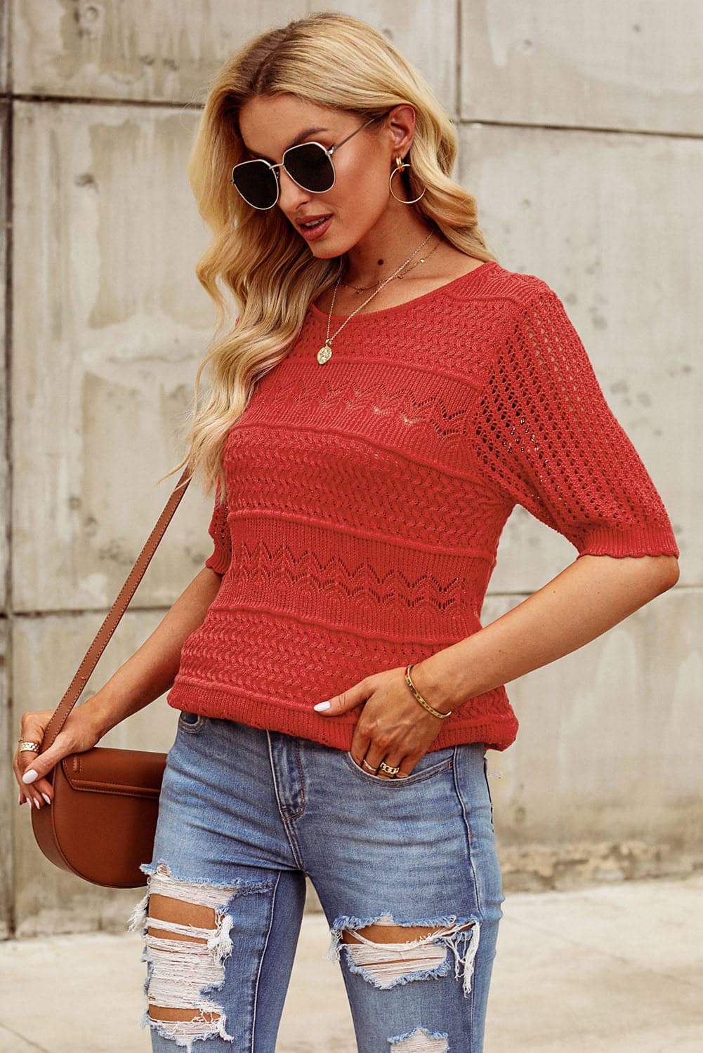 Openwork Round Neck Half Sleeve Knit Top.