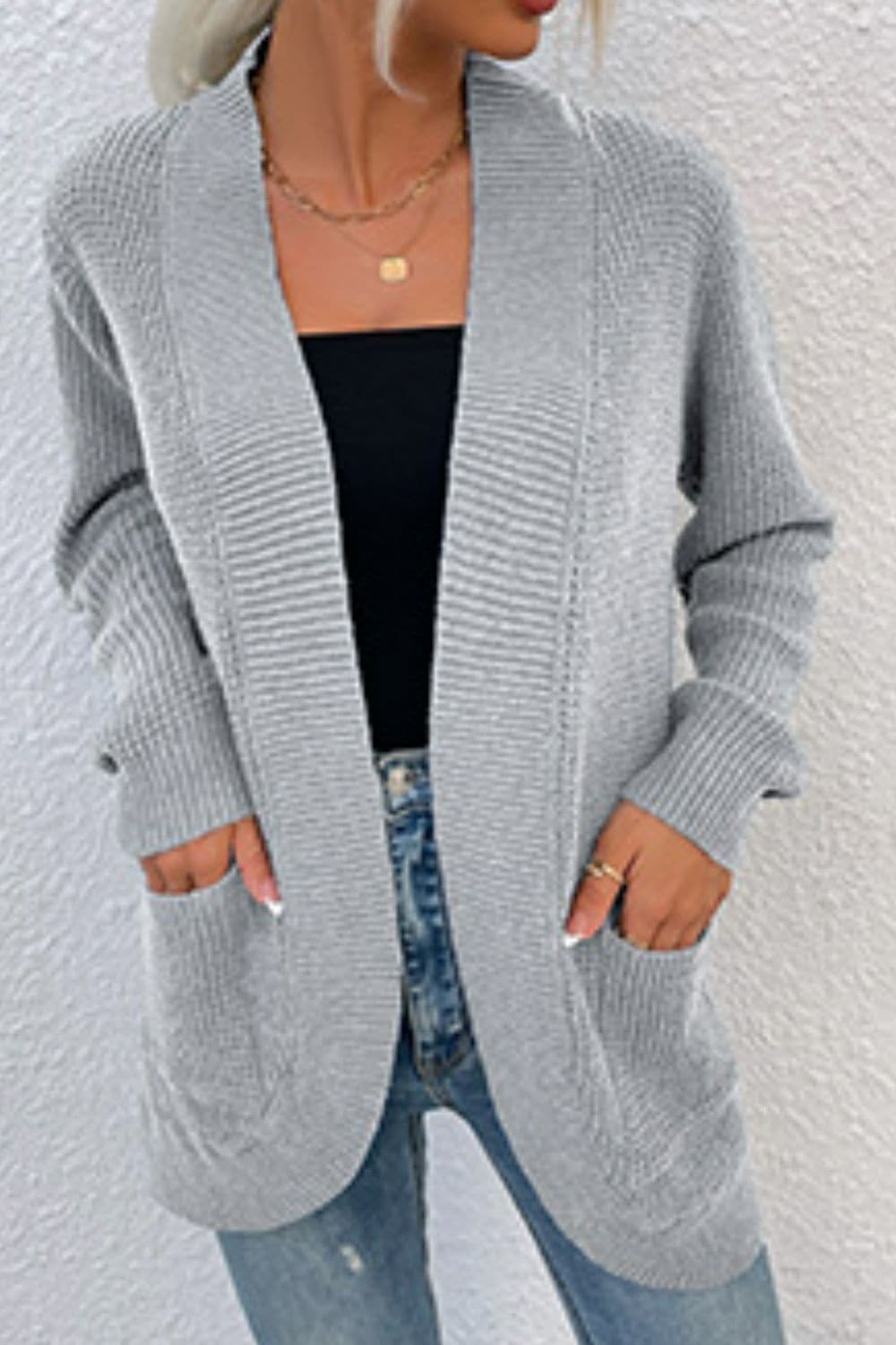 Open Front Rib-Knit Cardigan with Pockets.