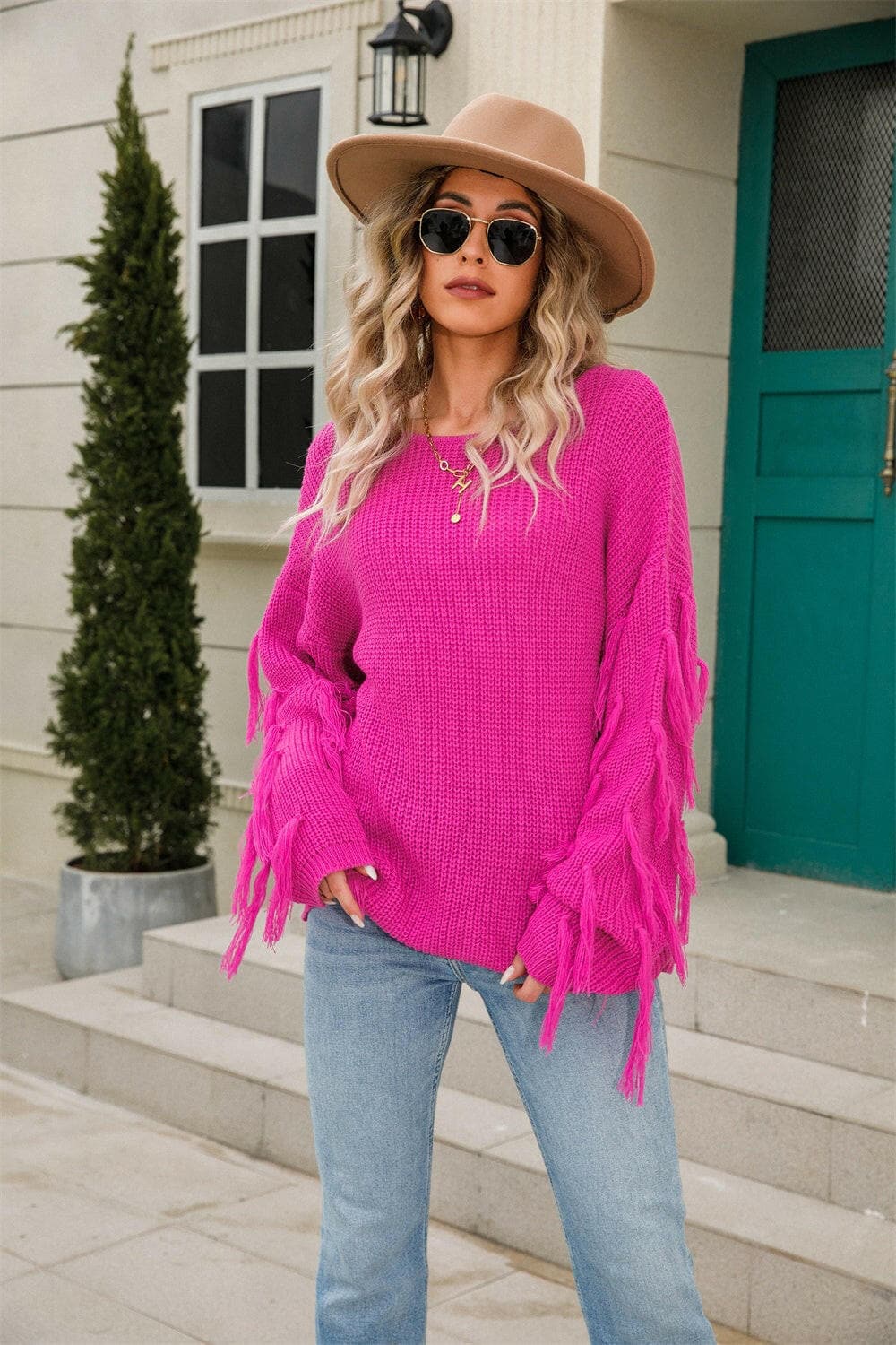 Fringe Round Neck Dropped Shoulder Sweater.