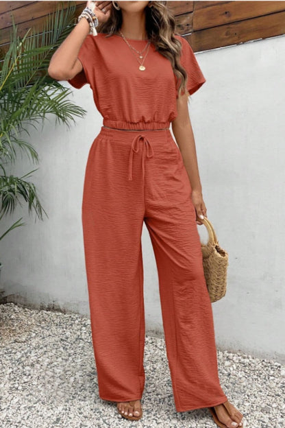 Round Neck Short Sleeve Top and Pants Set.