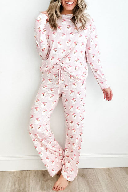 Festive Santa Patterned Long Sleeve Lounge Set with Pants